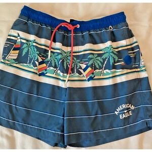 American Eagle Mens Medium Swim Trunks Blue‎ Tropical Board Shorts Y2K